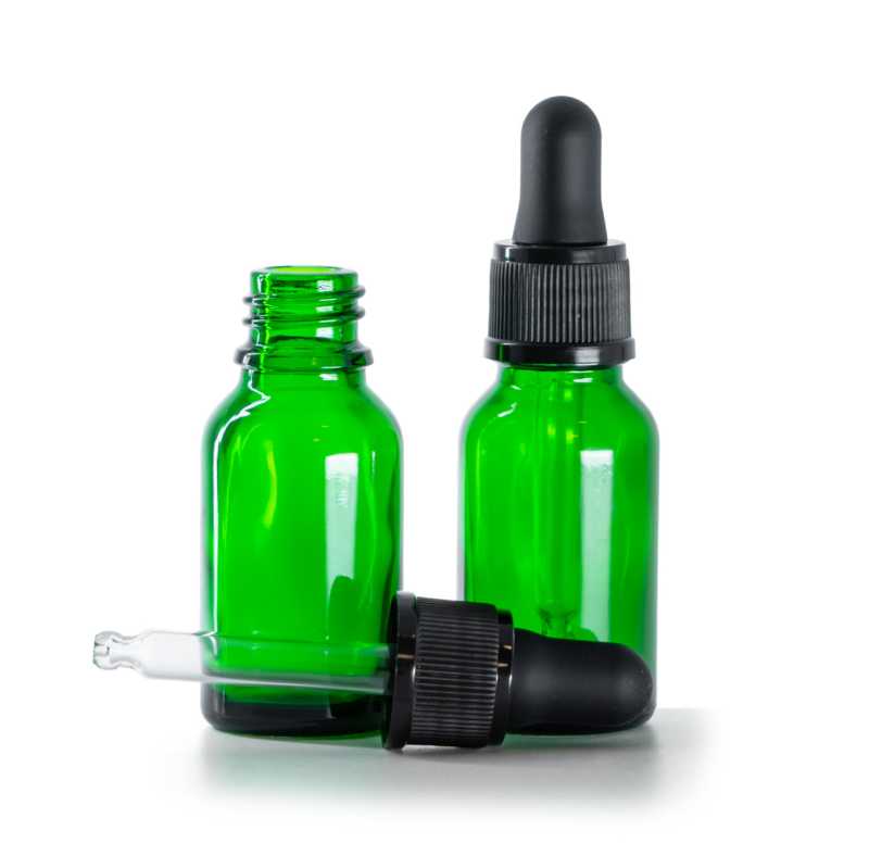 Botella de vidrio, verde, cuentagotas negro mate, 15 ml