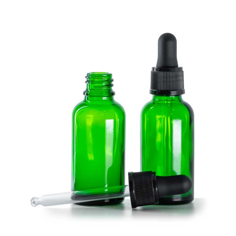 Envase de vidrio, verde, cuentagotas negro mate, 30 ml