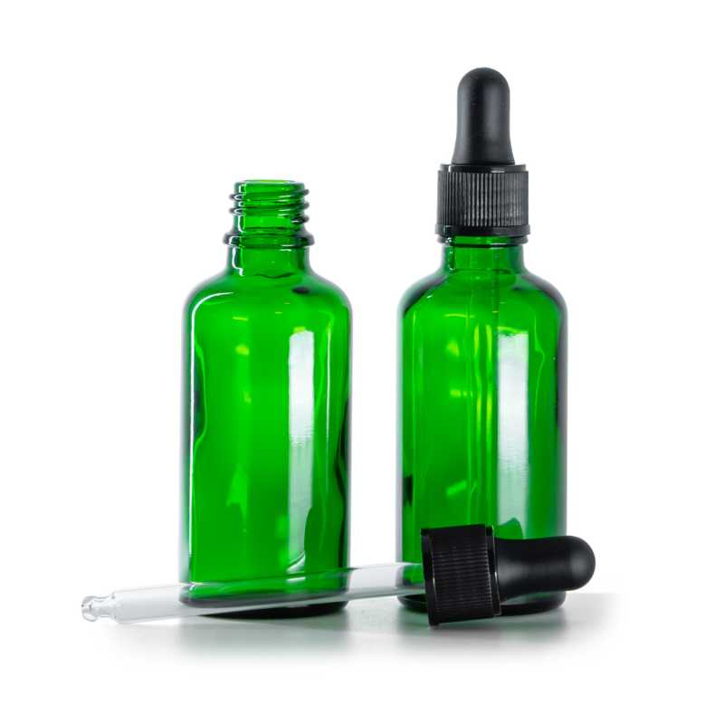 Frasco de vidrio, verde, cuentagotas negro mate, 50 ml