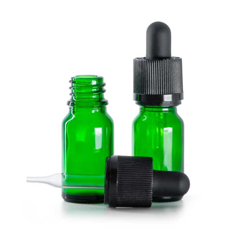 Frasco de vidrio, verde, cuentagotas de seguridad, 10 ml
