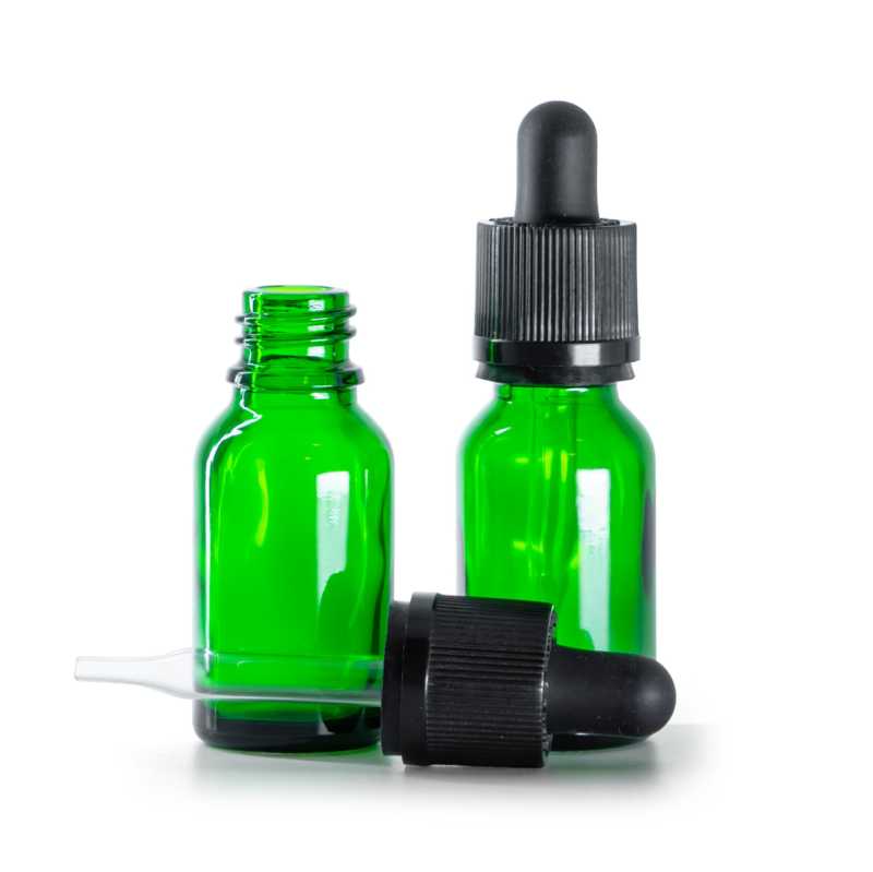 Frasco de vidrio, cuentagotas de seguridad, verde, 15 ml