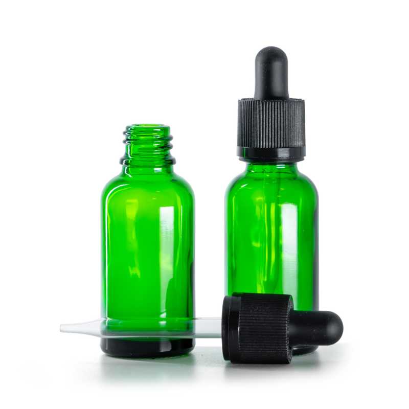 Frasco de vidrio, verde, cuentagotas con tapón de seguridad inviolable, 30 ml