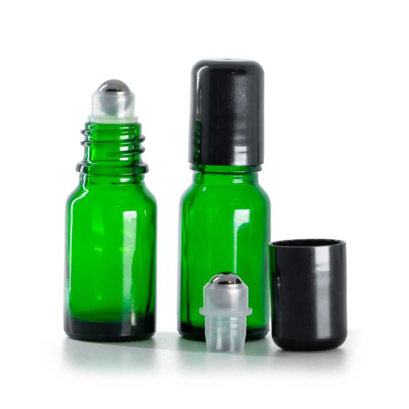 Botella de vidrio, verde, roll-on, 10 ml
