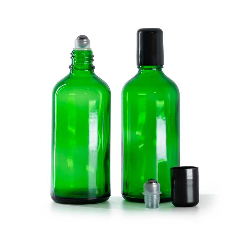 Botella de vidrio, verde, roll-on, 100 ml
