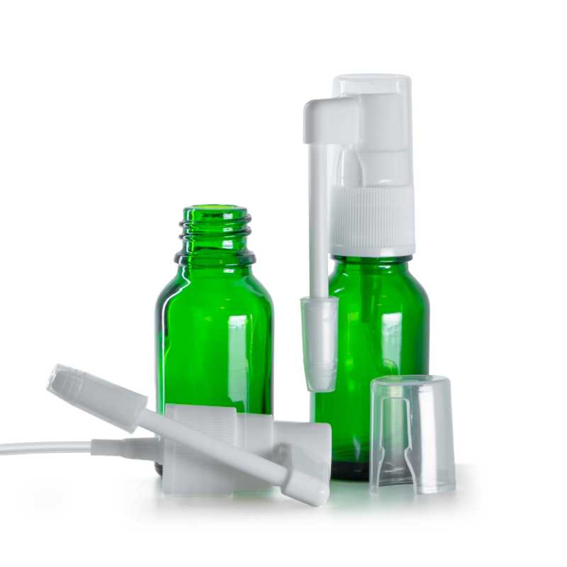 Frasco de vidrio, pulverizador oral, verde, 15 ml