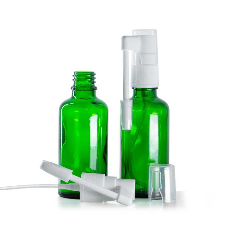 Botella de vidrio, verde, pulverizador oral, 50 ml