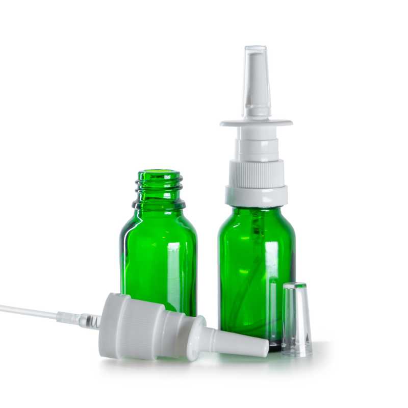 Botella de vidrio, verde, pulverizador nasal, 15 ml