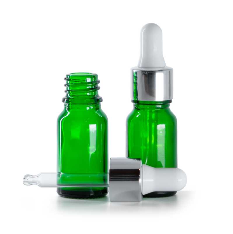 Frasco de vidrio, verde, cuentagotas plateado blanco brillante, 10 ml