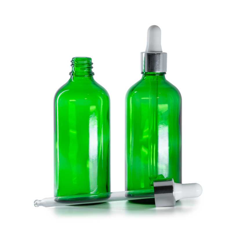 Botella de vidrio, verde, cuentagotas plateado, 100 ml