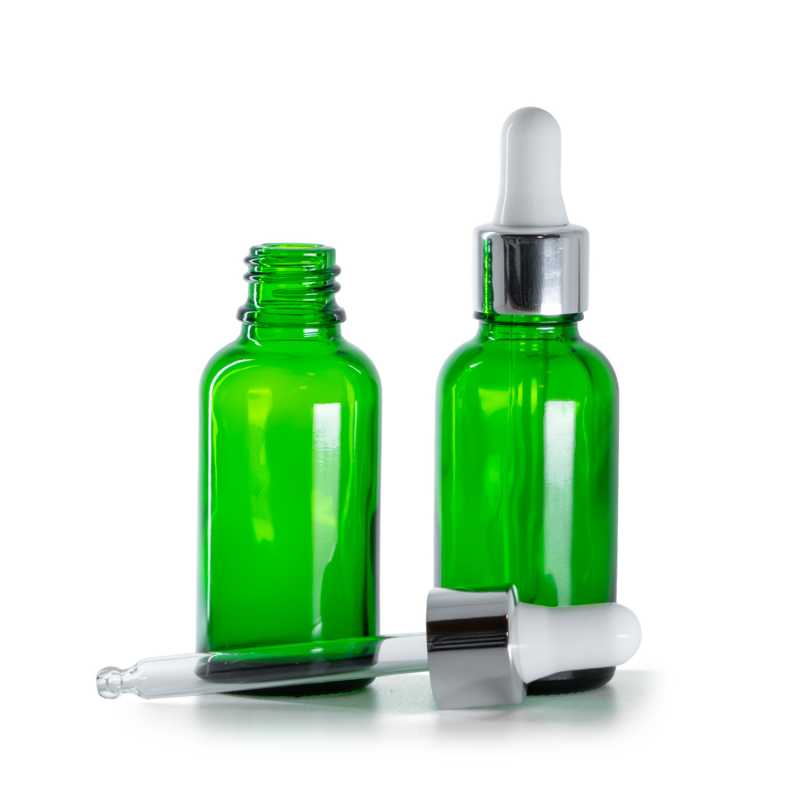 Frasco de vidrio, verde, cuentagotas plateado, 30 ml
