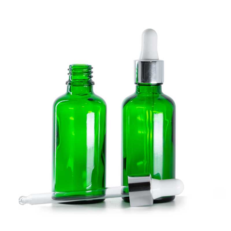 Frasco de vidrio, verde, gotero blanco plateado brillante, 50 ml