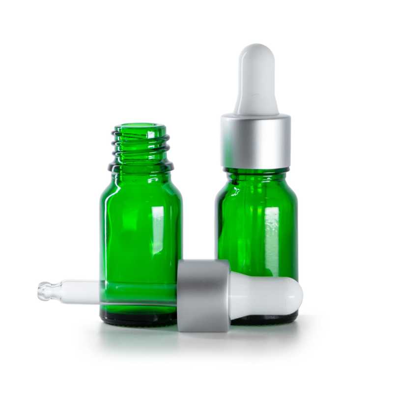 Botella de vidrio, verde, cuentagotas blanco plateado mate, 10 ml