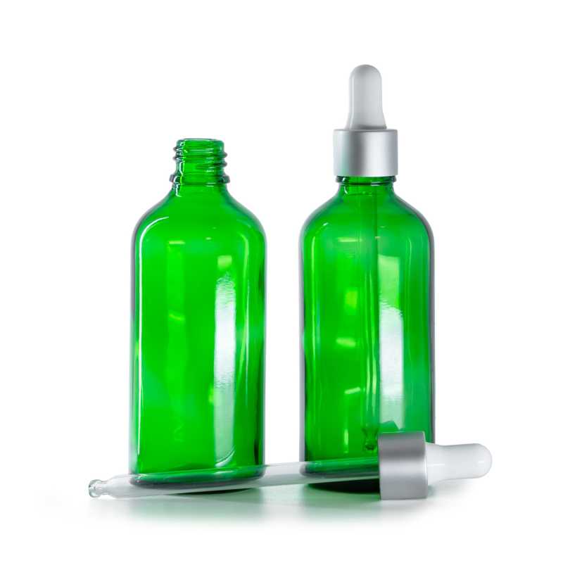 Botella de vidrio, verde, cuentagotas plateado mate, 100 ml