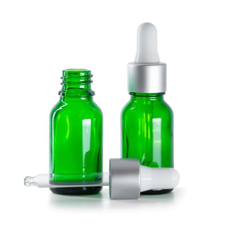 Botella de vidrio, verde, cuentagotas blanco plateado mate, 15 ml