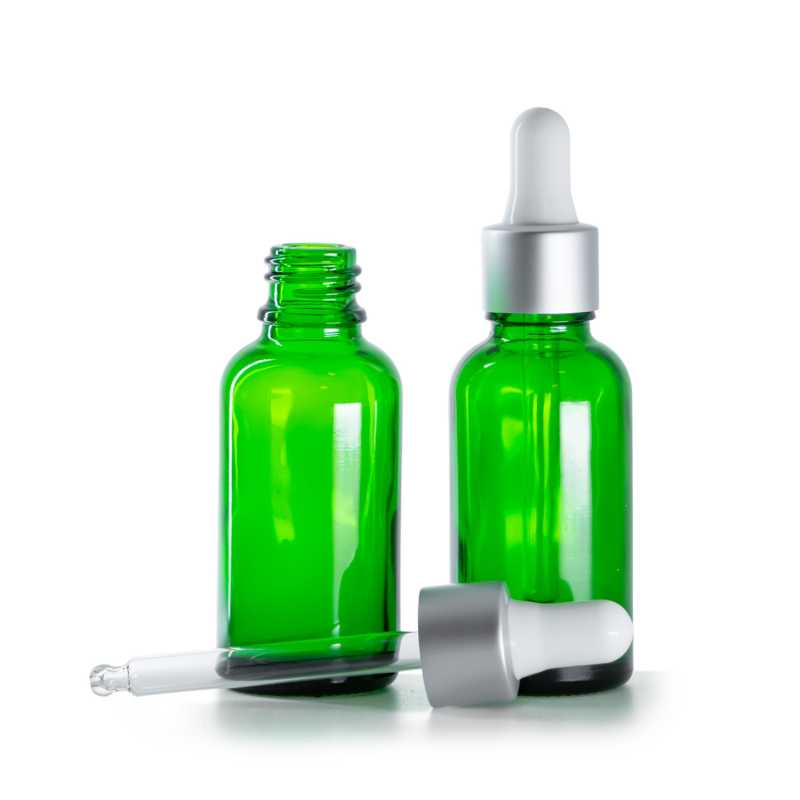 Frasco de vidrio, verde, gotero plateado mate, 30 ml