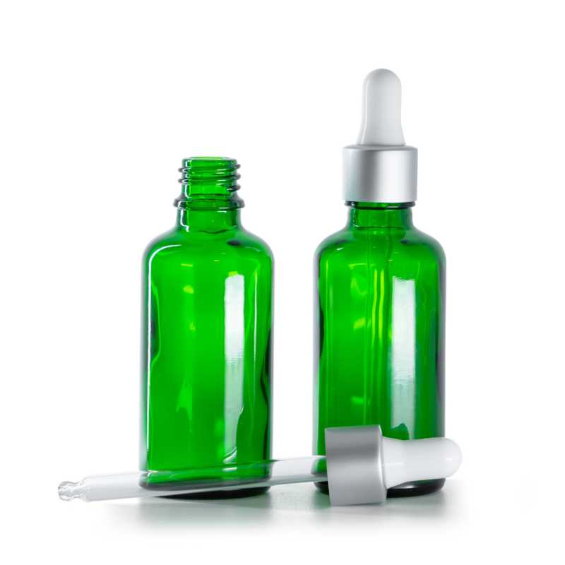 Botella de vidrio, verde, cuentagotas plateado mate blanco, 50 ml
