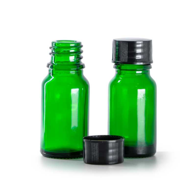 Botella de vidrio, verde, tapón negro, 10 ml