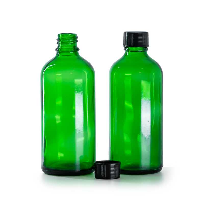 Frasco de vidrio, verde, tapón negro, 100 ml