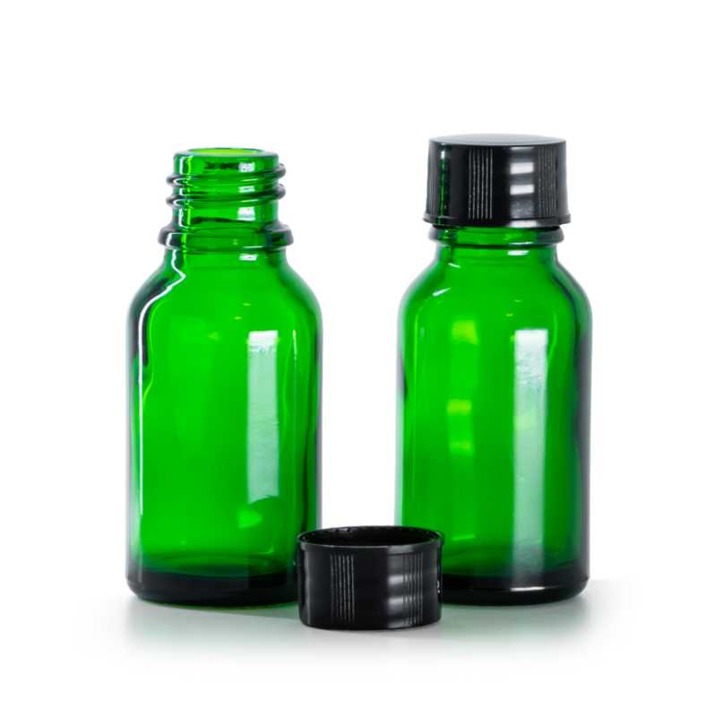 Frasco de vidrio, verde, tapón negro, 15 ml