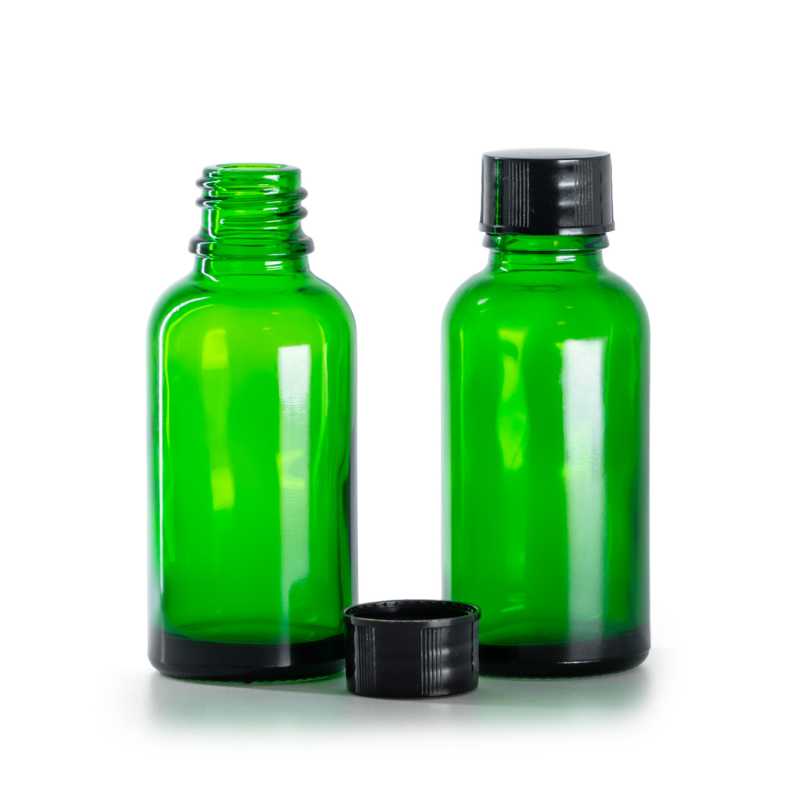 Botella de vidrio, verde, tapón negro, 30 ml