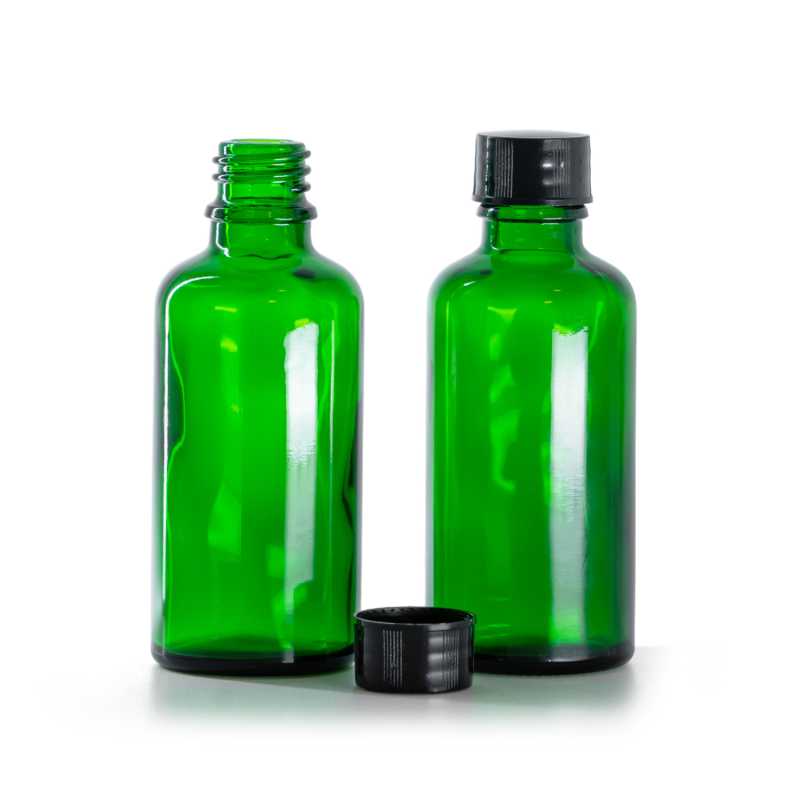 Botella de vidrio, verde, tapón negro, 50 ml