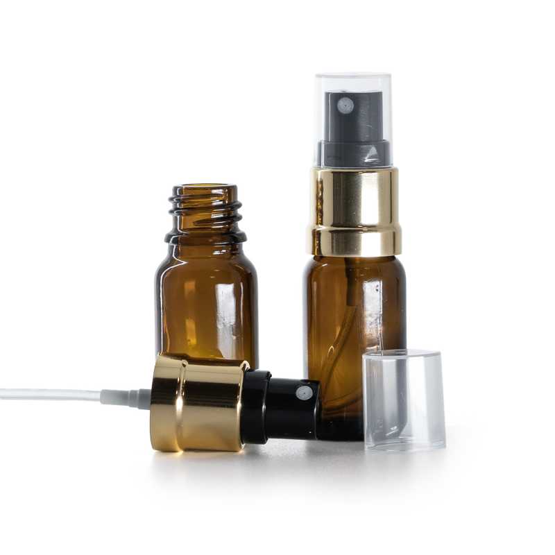 Frasco de vidrio ámbar, pulverizador negro y dorado, 10 ml