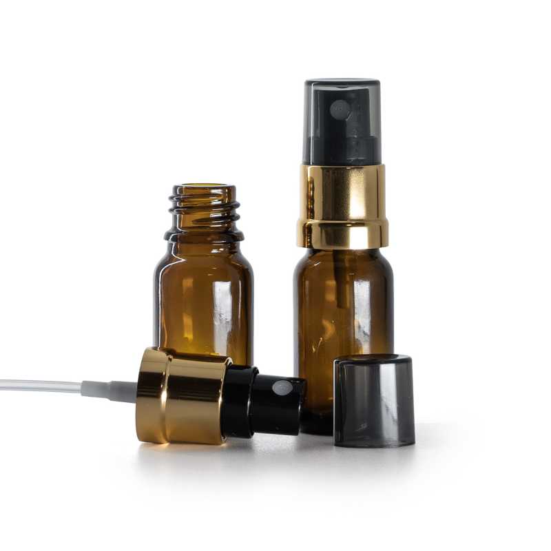 Frasco de vidrio marrón, pulverizador negro y dorado, sobretapa ahumada, 10 ml