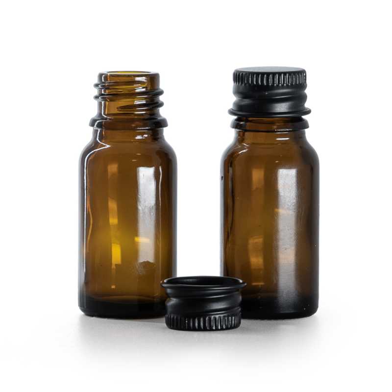 Frasco de vidrio ámbar, tapón de aluminio negro, 10 ml