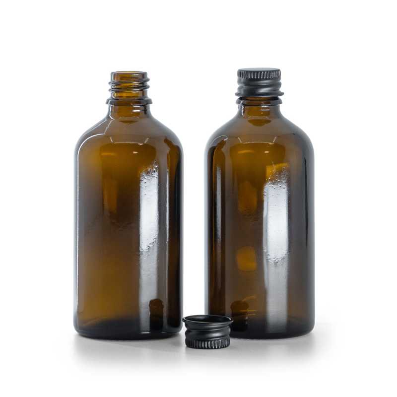 Frasco de vidrio ámbar, tapón de aluminio negro, 100 ml