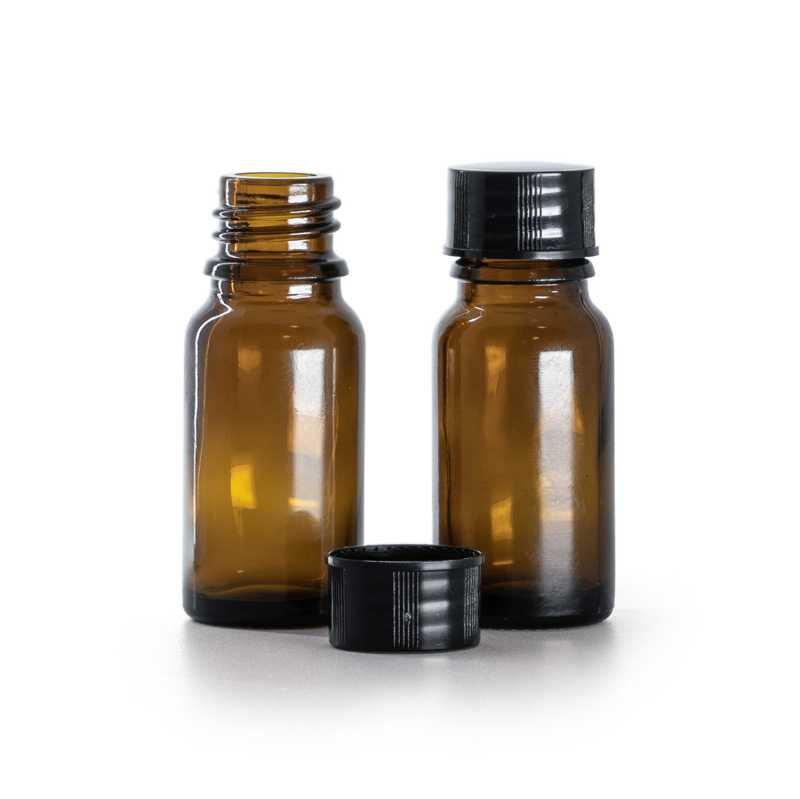 Frasco de vidrio ámbar, tapón negro, 10 ml