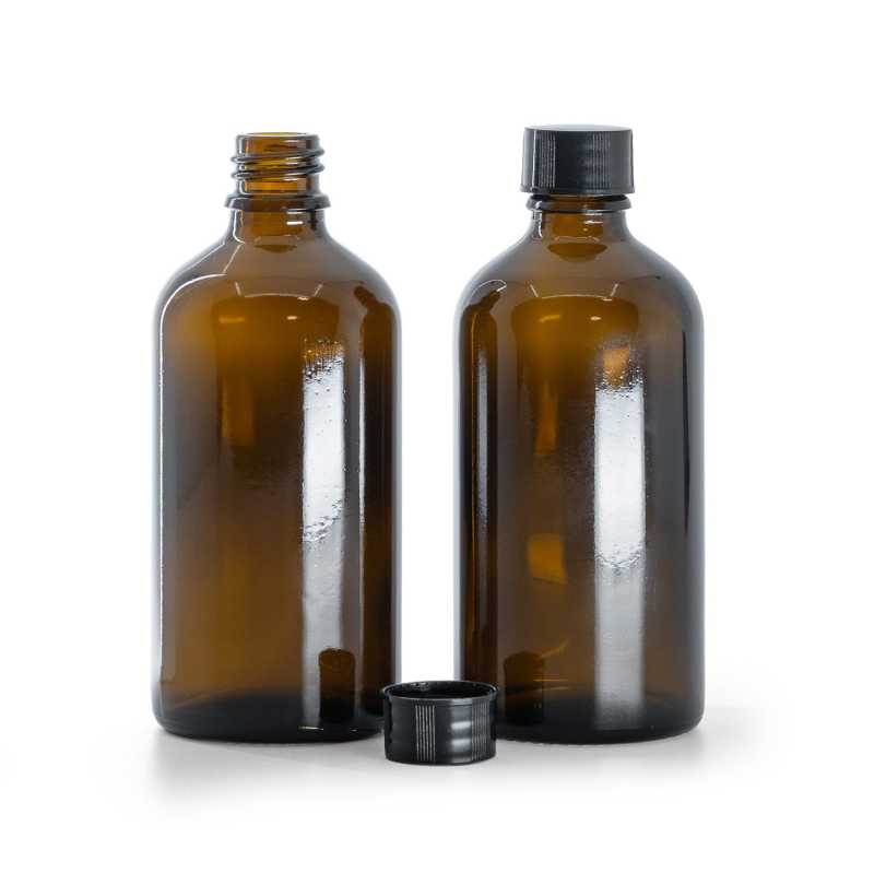 Frasco de vidrio ámbar, tapón negro, 100 ml