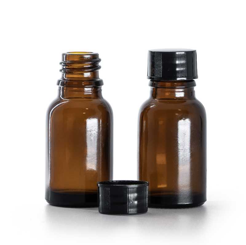 Frasco de vidrio ámbar, tapón negro, 15 ml