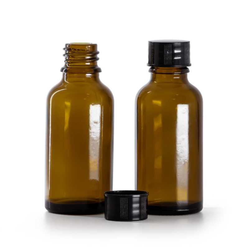 Frasco de vidrio ámbar, tapa negra, 30 ml