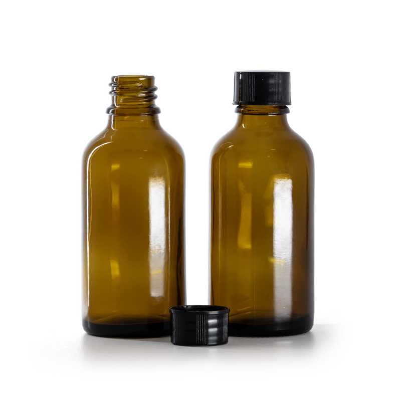 Frasco de vidrio, ámbar, tapón negro, 50 ml