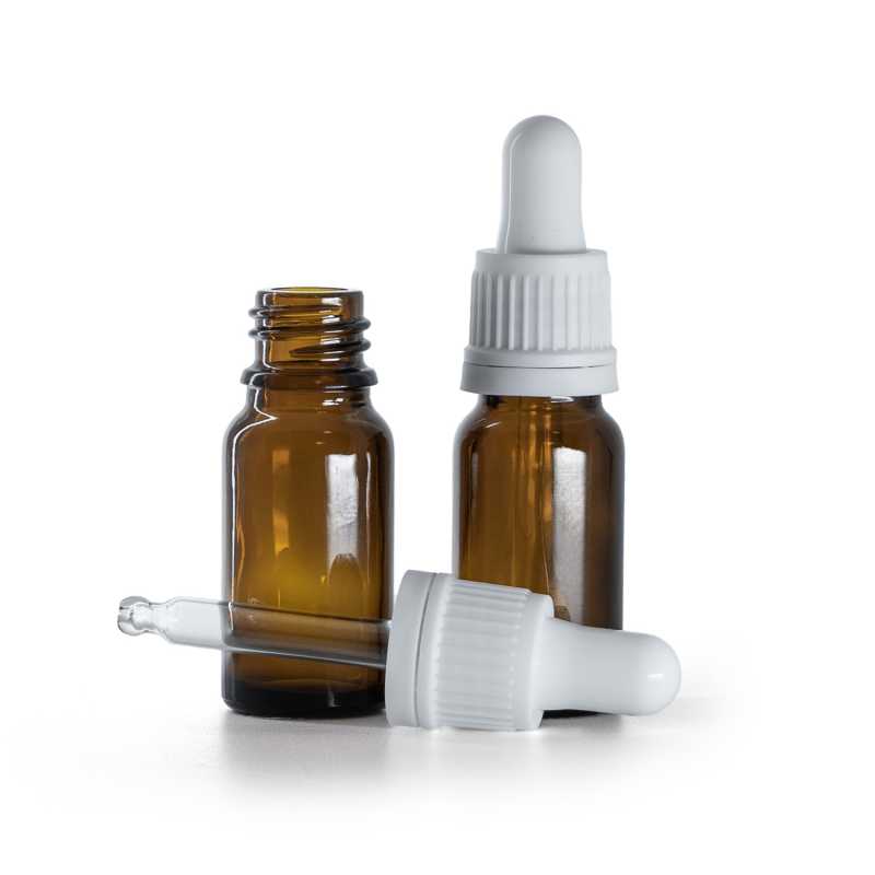 Frasco de vidrio, ámbar, gotero inviolable blanco, 10 ml