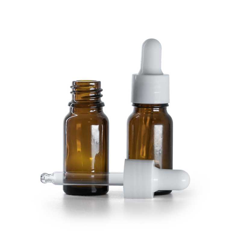 Envase de vidrio, ámbar, cuentagotas blanco brillante, 10 ml