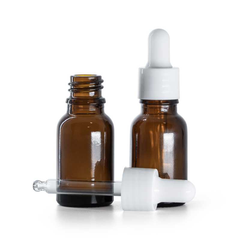 Frasco de vidrio, ámbar, cuentagotas blanco brillante, 15 ml