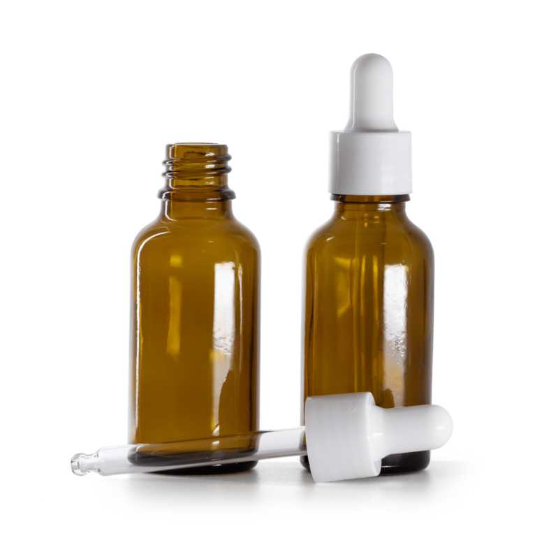 Frasco de vidrio ámbar, gotero blanco brillante, 30 ml