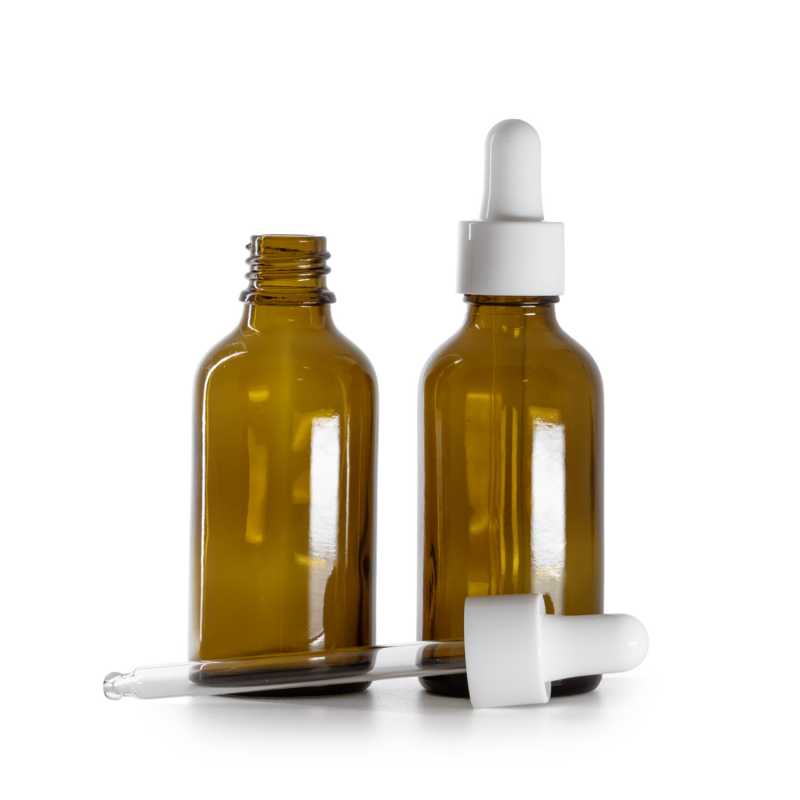 Frasco cuentagotas, vidrio, ámbar, cuentagotas blanco brillante, 50 ml