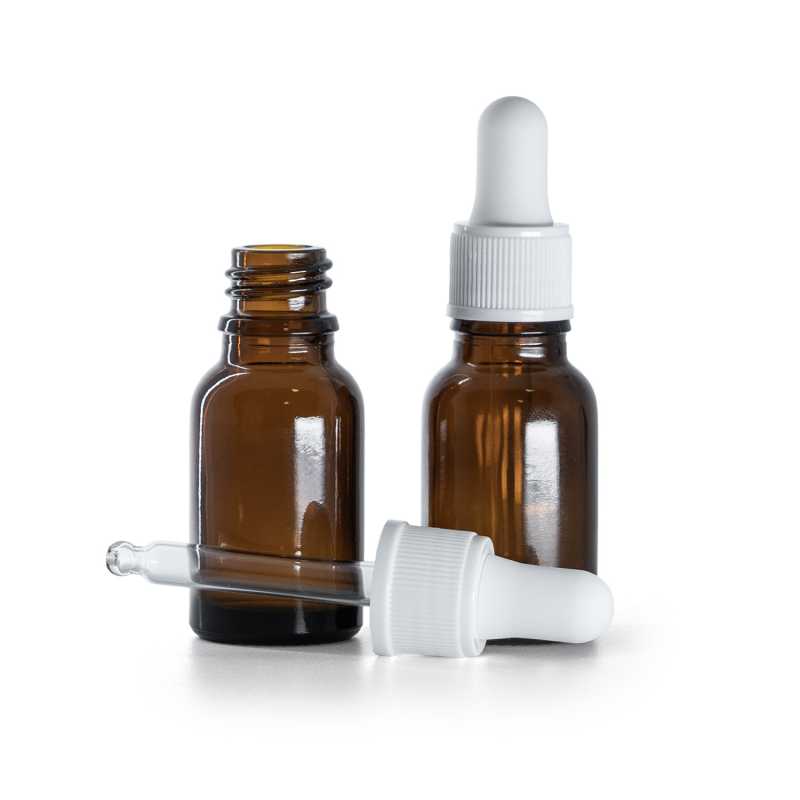 Frasco de vidrio ámbar, cuentagotas blanco mate, 15 ml