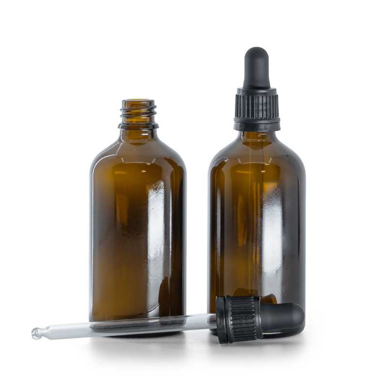 Frasco de vidrio ámbar, cuentagotas negro inviolable, 100 ml