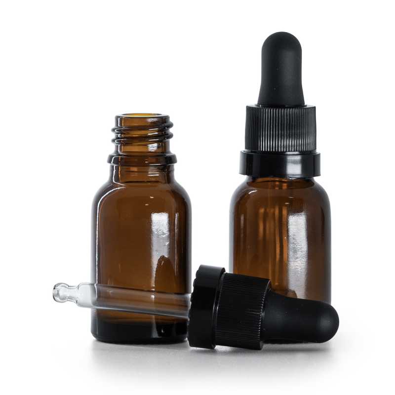 Frasco cuentagotas de vidrio ámbar, cuentagotas negro mate con franja brillante, 15 ml