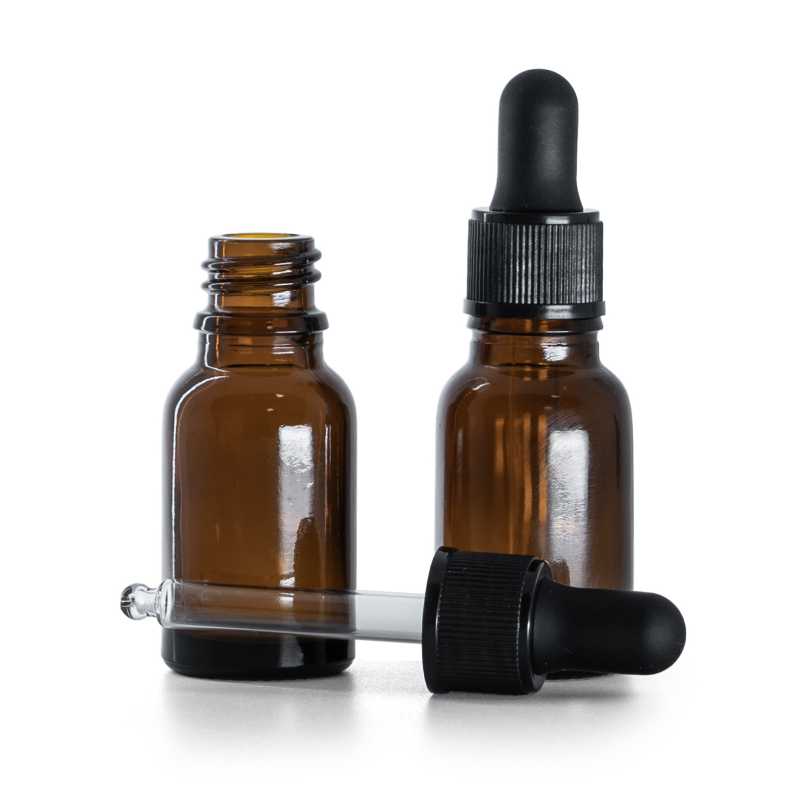 Frasco de vidrio, ámbar, cuentagotas negro mate, 15 ml