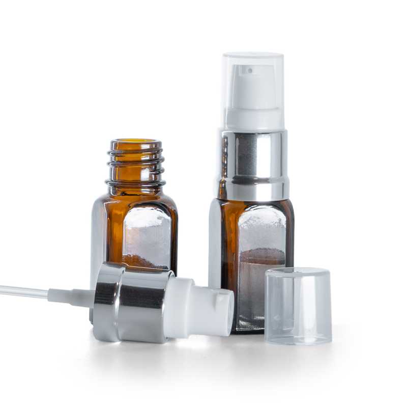 Frasco de vidrio ámbar cuadrado, dispensador blanco plateado brillante, 10 ml