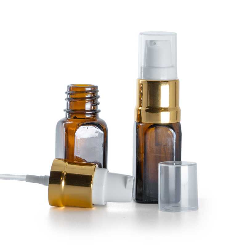 Frasco de vidrio ámbar cuadrado, dosificador blanco dorado brillante, 10 ml