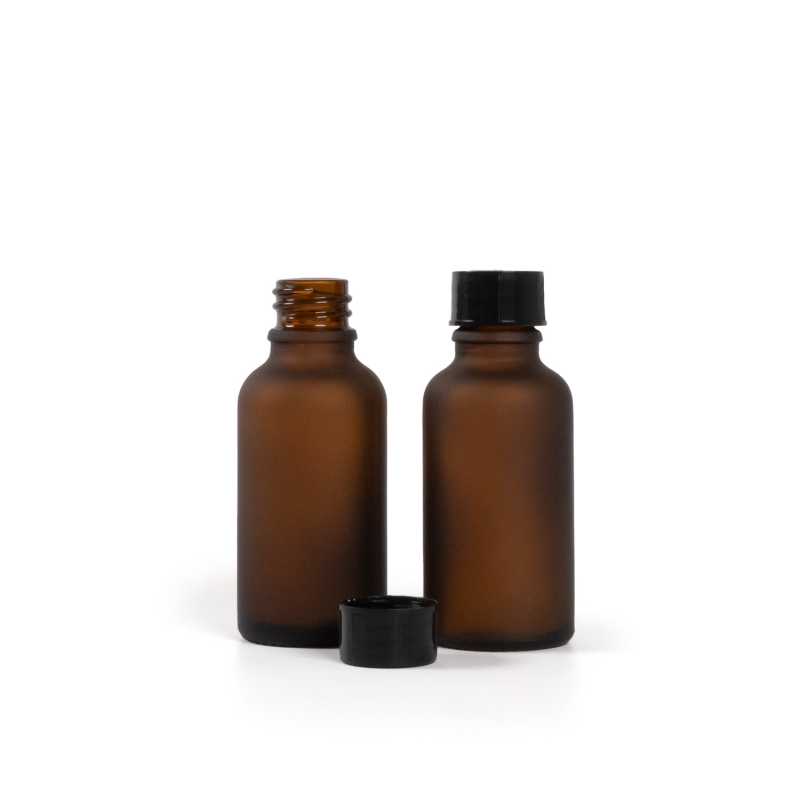 Frasco de vidrio mate, ámbar, tapón negro, 30 ml