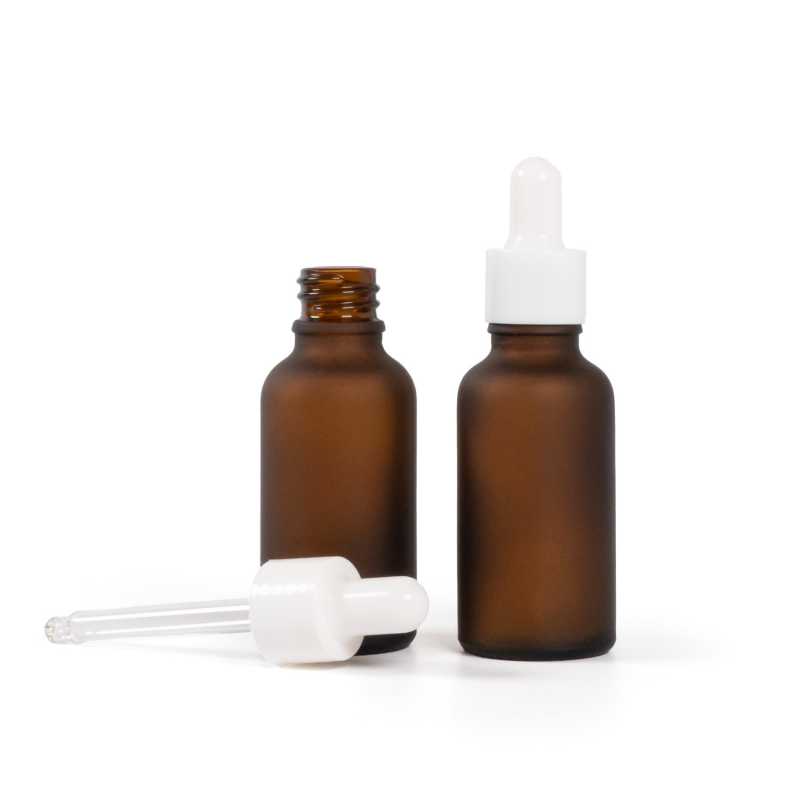 Frasco de vidrio ámbar mate, cuentagotas blanco brillante, 30 ml