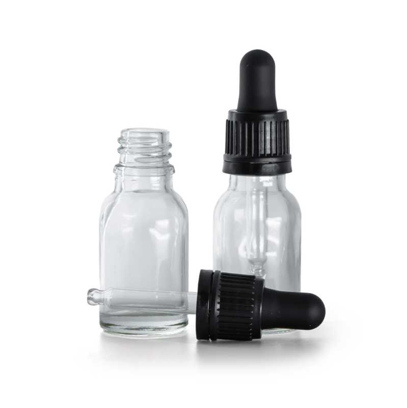 Frasco de vidrio, transparente, cuentagotas negro, 15 ml