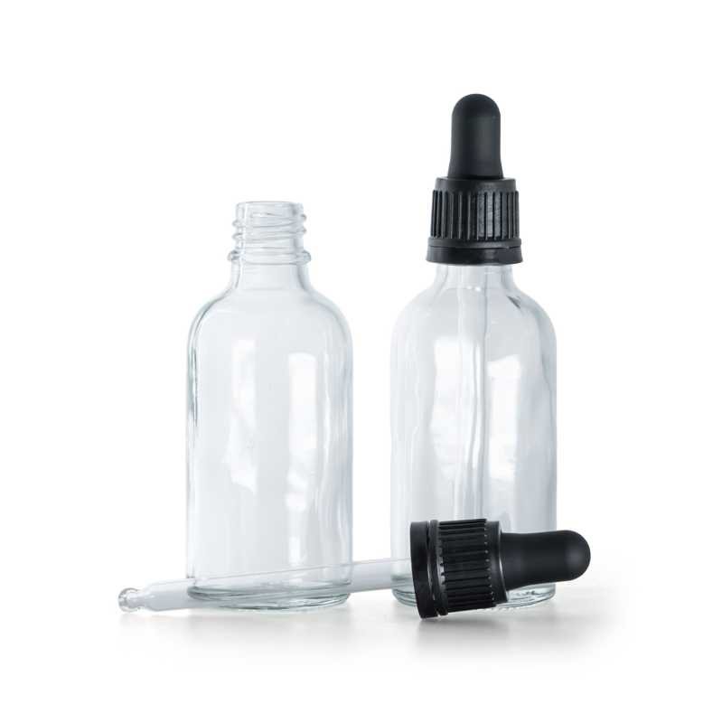 Frasco de vidrio, transparente, cuentagotas negro, 30 ml