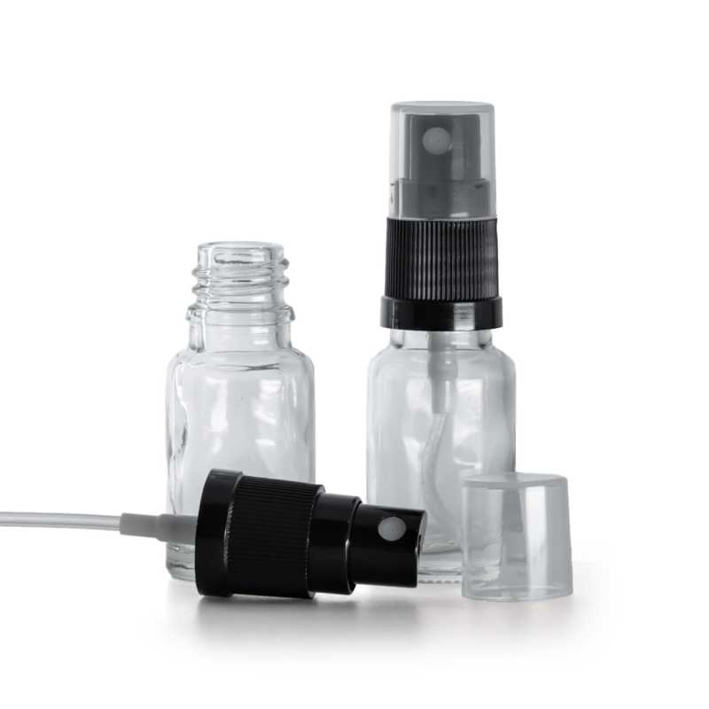 Botella de vidrio, transparente, pulverizador negro, 10 ml